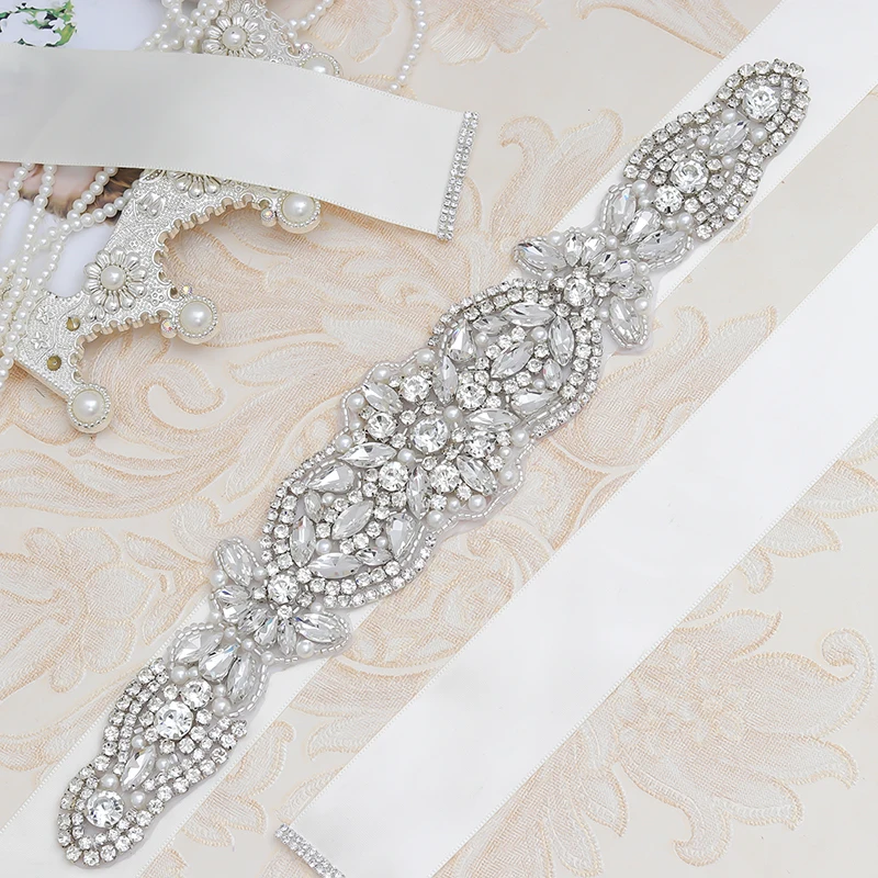 

MissRDress Rhinestones Wedding Belt Silver Crystal Bridal Belt Handmade Pearls Bridal Sash For Wedding Dresses JK959