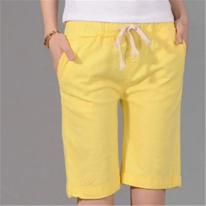 Yellow S-3XL летние новые модные свободные хлопковые льняные женские бермуды с эластичной резинкой на талии базовые шорты средней длины размера плюс яркие цвета - Цвет: Yellow