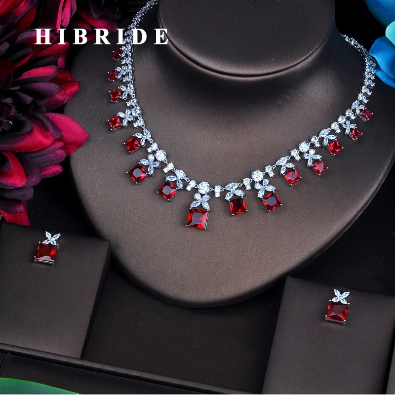 

HIBRIDE Sparkling Red Cubic Zirconia Jewelry Sets For Women Earring Necklace Set Wedding Dress Accessories Party Gifts N-484