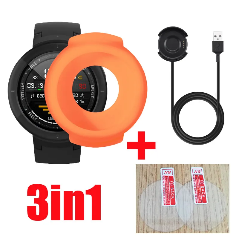 3в1 Huami amazfit 3 verge чехол для смарт-часов Браслет Силиконовый мягкий+ USB зарядное устройство кабель док-станция зарядка+ стекло Защита экрана - Цвет: Оранжевый
