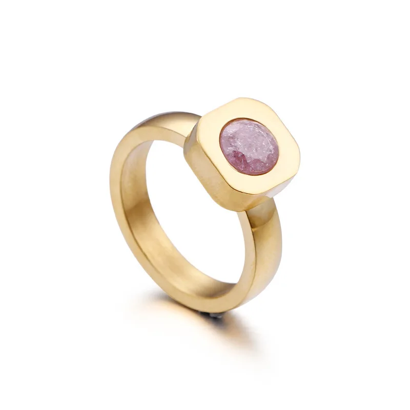 Pink (Gold) Новые цветные кольца с камнем для женщин, размер 6-9, нержавеющая сталь, золото/серебро, кольца на палец для девушек, обручальные кольца, подарок - Цвет основного камня: Pink (Gold)