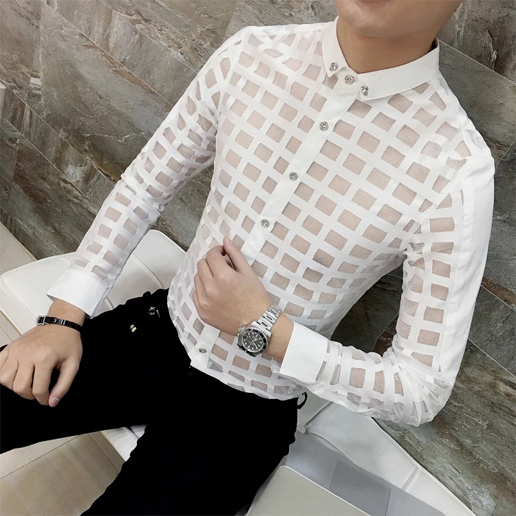 

2018 spring male lace long-sleeve shirt gauze translucent slim shirt The singer's clothing High quality shirt M-XXL