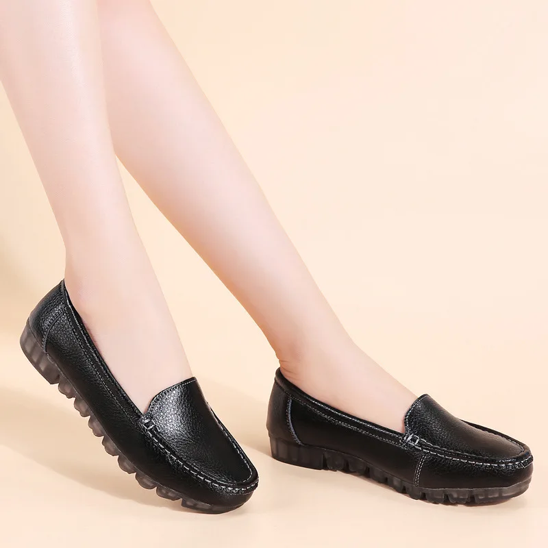 OUKAHUI White Soft Bottom Genuine Leather Flat Shoes Woman Casual Round Toe Solid Slip On Feminino Flats Comfort Ladies | Обувь