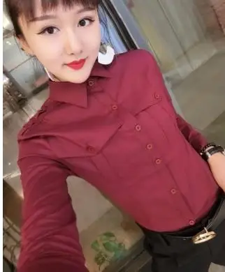 Женские хлопковые рубашки с отложным воротником и длинным рукавом для офиса 16