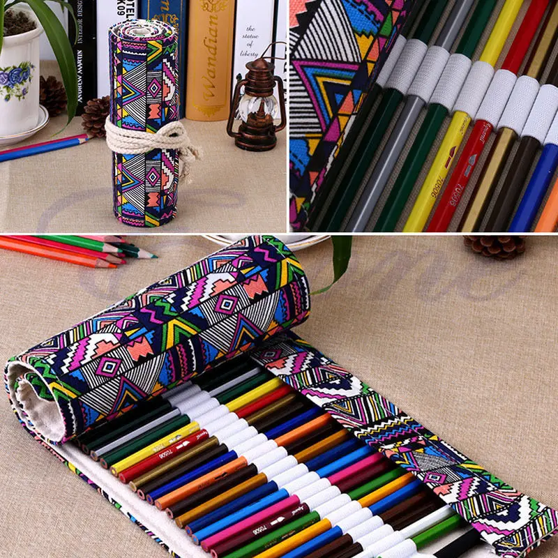 32/48/72 Hole Canvas Wrap Roll Up Pencil Case Pen Cosmetic Bag Holder Storage Pouch | Дом и сад