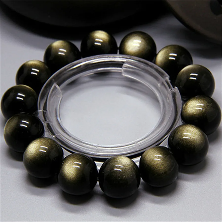 16мм Большой Подлинная Природные обсидиана Золотые круглые бусины браслеты для