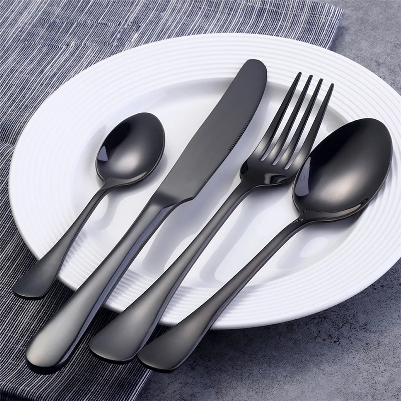 Черный набор столовой посуды Нержавеющая сталь столовые приборы Ножи вилка