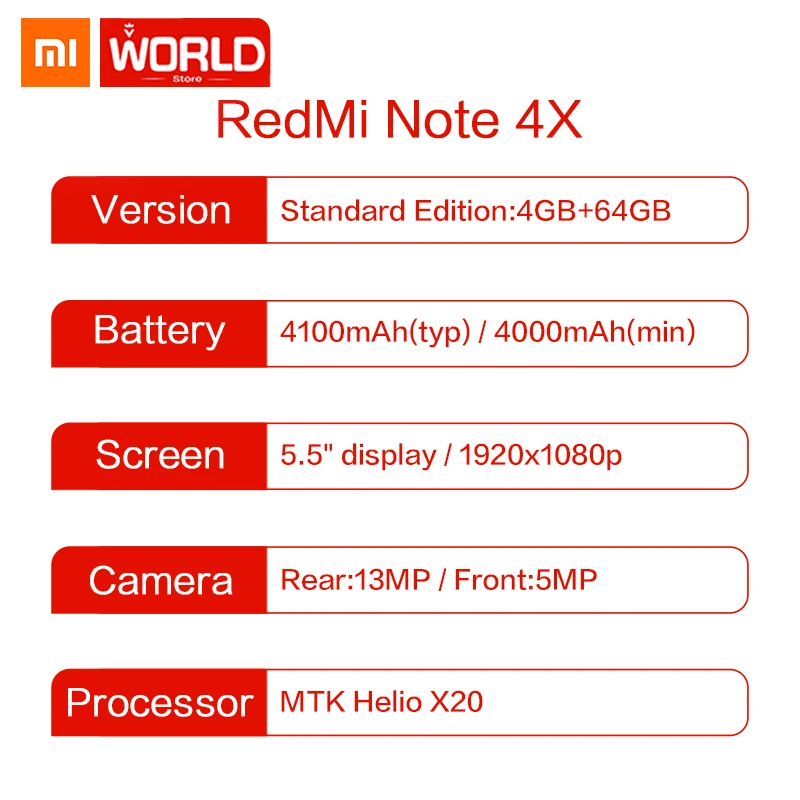 Оригинальный Xiaomi Redmi Note 4X Мобильный телефон 5 "FHD 4 ГБ Оперативная память 64