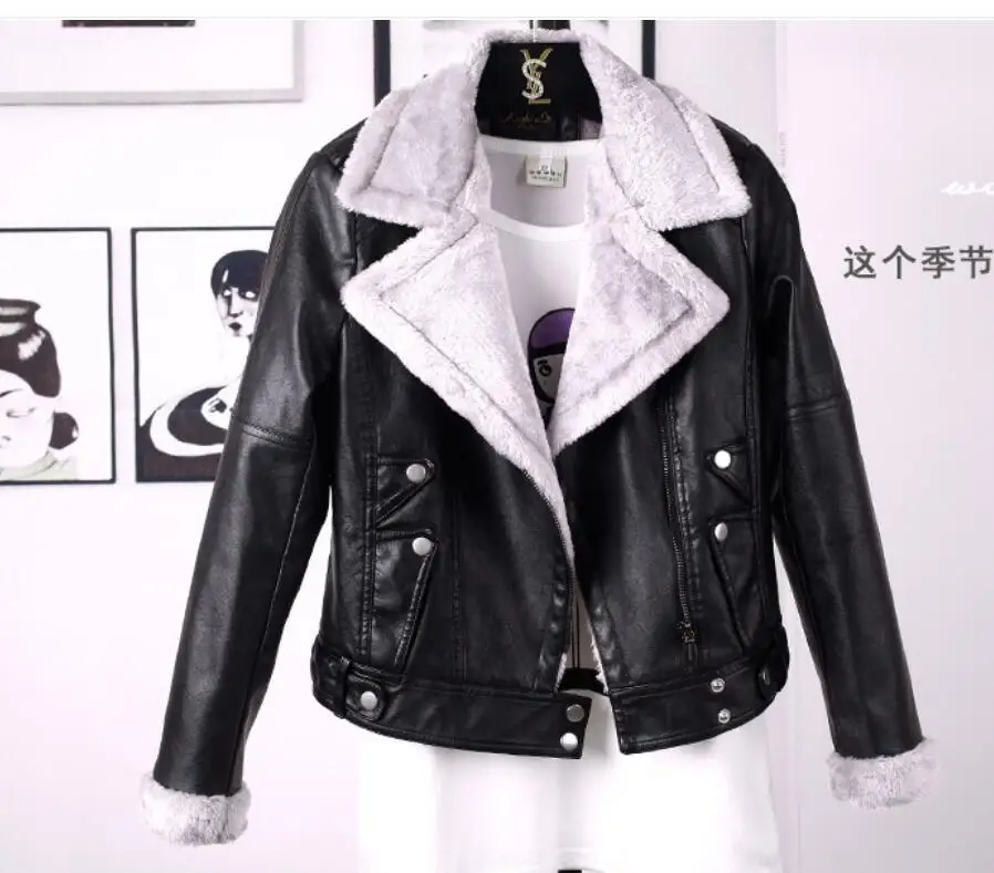 motorcycle Winter Warm Faux Fur Coat Women Leather Jacket Ladies Slim Moto Biker Basic Jackets Plush Casual Outerwear
