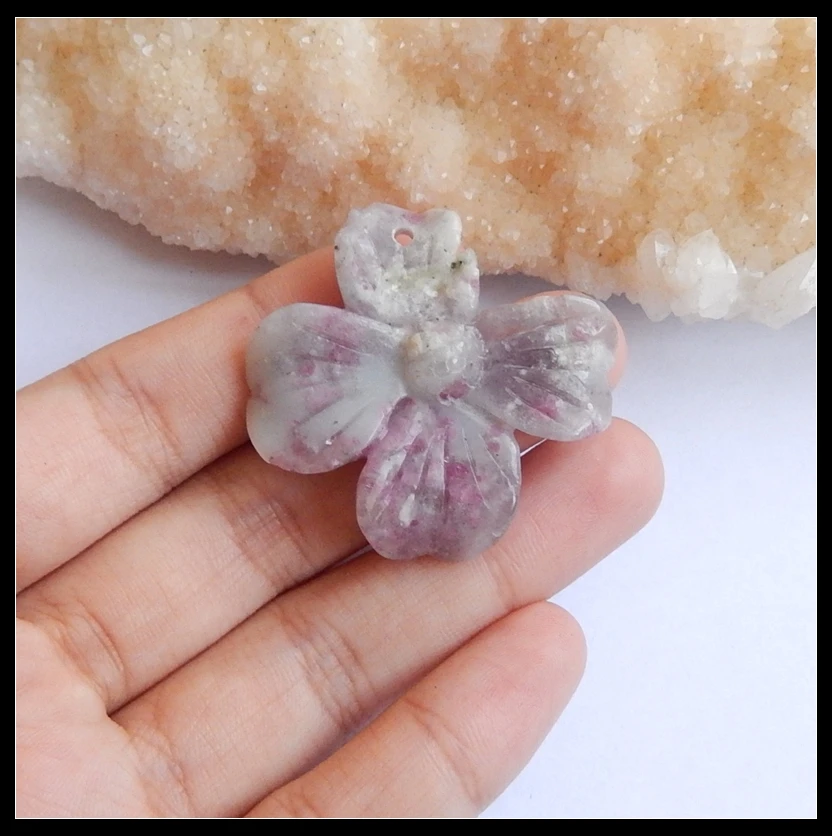 Wholesale 2Pcs Hot Sale Natural Stone Pink Tourmaline Carved Flower Front Drilled Necklace Pendants 38x37x7mm 47x41x7mm 23.22g