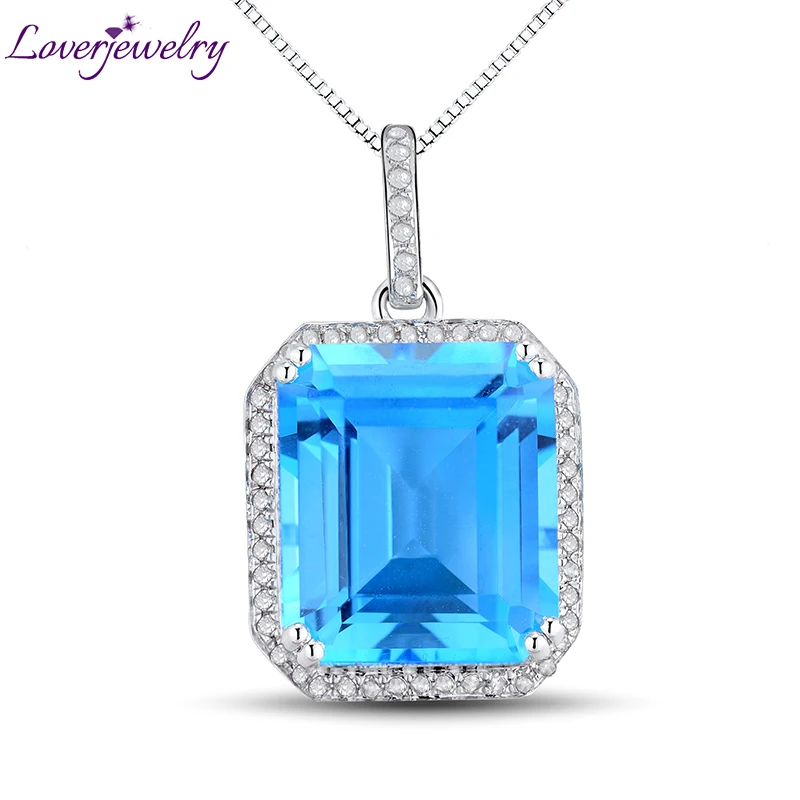 

LOVERJEWELRY Women Pendants 100% Natural Diamond Jewelry Pendants Emerald Cut 12x14mm Solid 14kt White Gold Blue Topaz Pendants