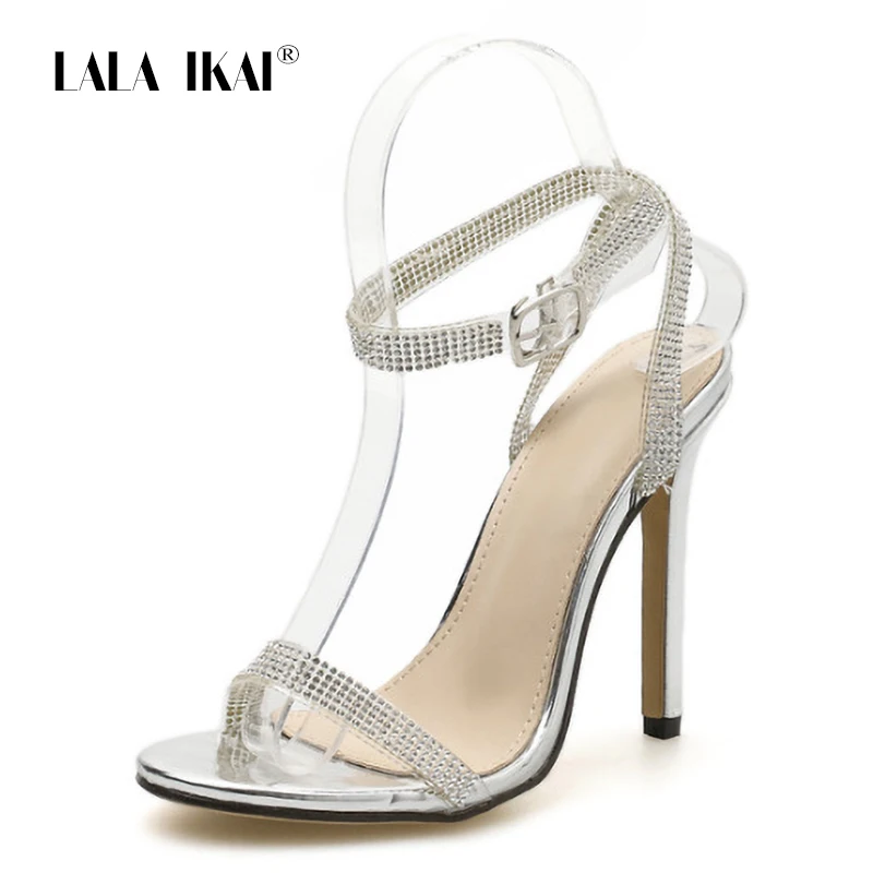 Silver LALA IKAI/женские босоножки на высоком каблуке; летние туфли-лодочки со стразами на тонком каблуке 11 см; пикантные стразы вечерние босоножки; sandalia feminina; XWC4649-4 - Цвет: Silver