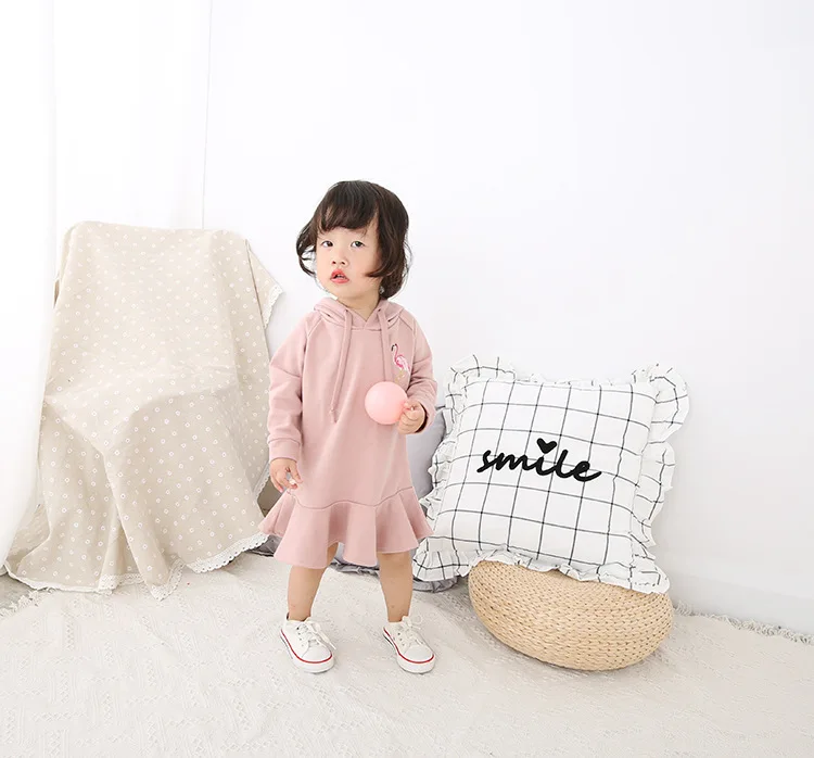 Baby Girls Dress Kids Casual Brand Long Sleeve Flamingo Embroidery Hooded Clothes Sweatshirt Dresses for Daily Wear | Детская одежда и