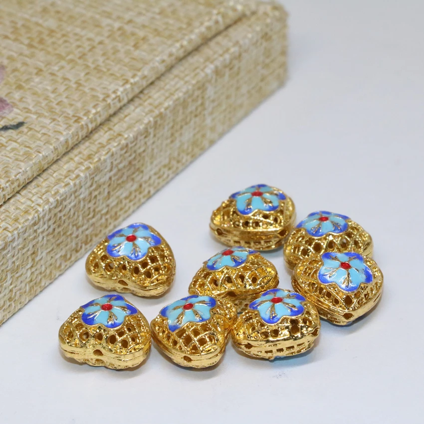 

High quality hollow gold-color heart shape carved flower cloisonne accessories spacers beads 13*15mm diy findings 5pcs B2452