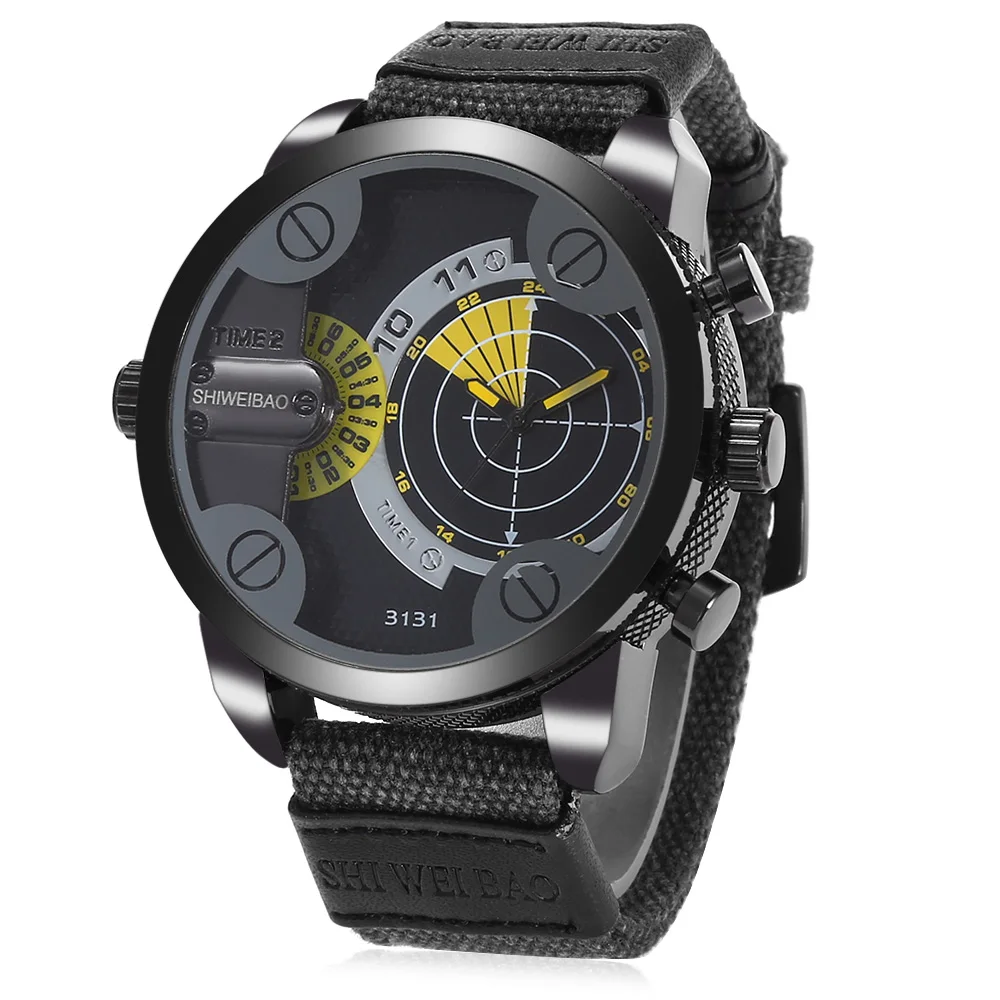 Мужские часы с двойным часовым поясом кварцевые ремешком из парусины армейские