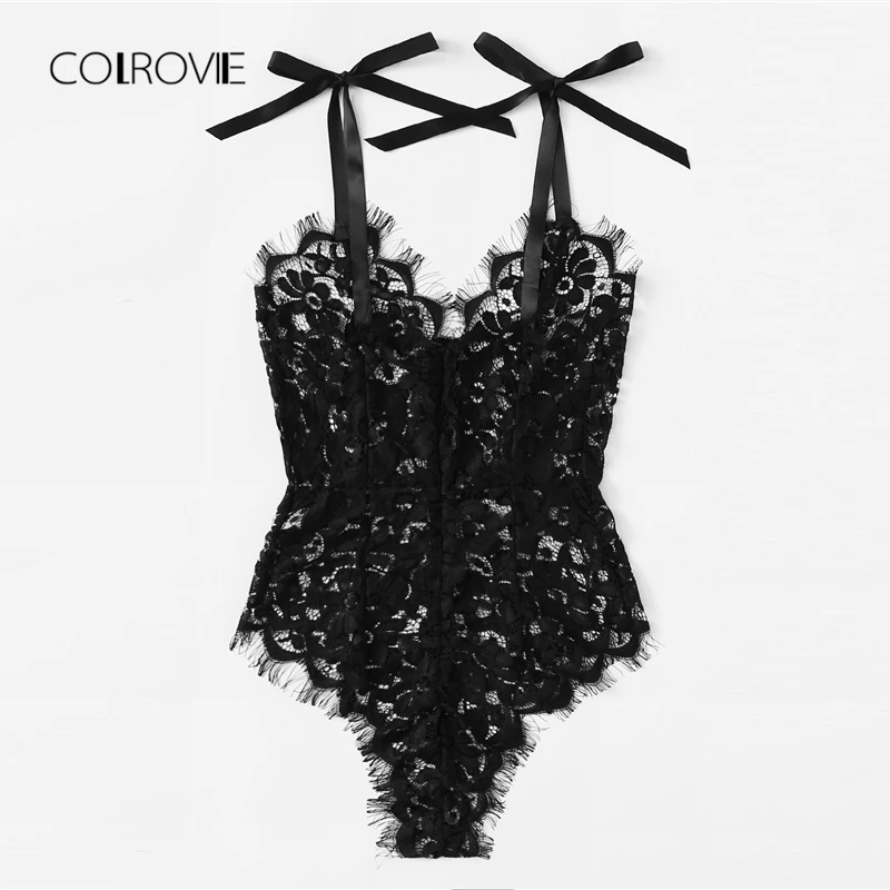 COLROVIE, черный однотонный сексуальный кружевной боди с ресницами, Новинка лета, сексуальный боди с v-образным вырезом, женская одежда, обтягивающее Кружевное боди для девочек