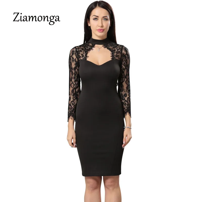 Ziamonga Turtleneck Long Sleeve Midi Lace Dress Sexy Club Bandage Bodycon 2017 Autumn Winter Black Women Party Dresses | Женская одежда