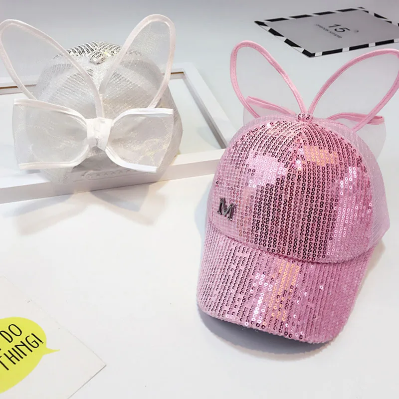 glitter mesh pink Летняя детская бейсбольная кепка с блестками и заячьими ушками для девочек, Кепка в стиле хип-хоп для детей от 3 до 8 лет - Цвет: glitter mesh pink