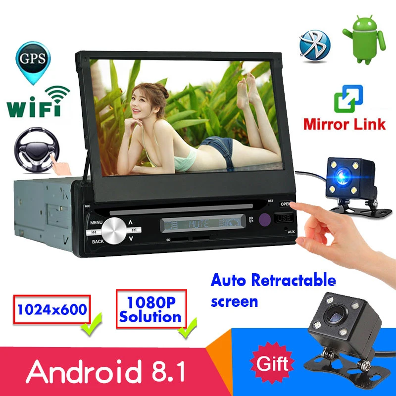 " автоматический выдвижной экран 1din Android 8,1 2G+ 16G автомобильное радио стерео четырехъядерный gps Bluetooth Зеркало Ссылка WiFi MP5 AM FM RDS