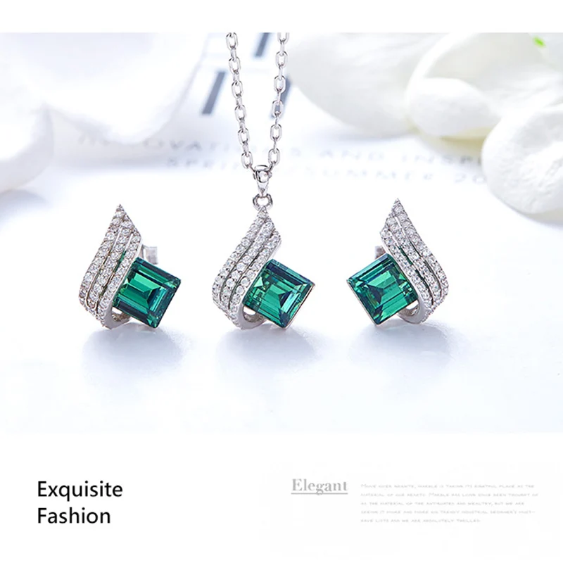 Роскошный 925 пробы серебряный комплект, украшенный кристаллами от Swarovski, ювелирный набор, кулон, ожерелье, серьги-гвоздики