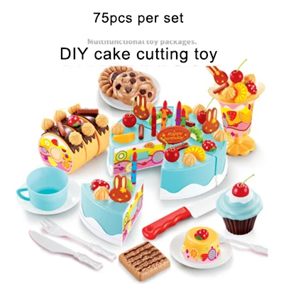 Cake-75pcs-Blue Игрушечный торт с днем рождения для Детские Кухонные Игрушки для резки девочек ролевые игровой кухонный набор 1 3 4 лет мальчик девочка образовательный подарок - Цвет: Cake-75pcs-Blue