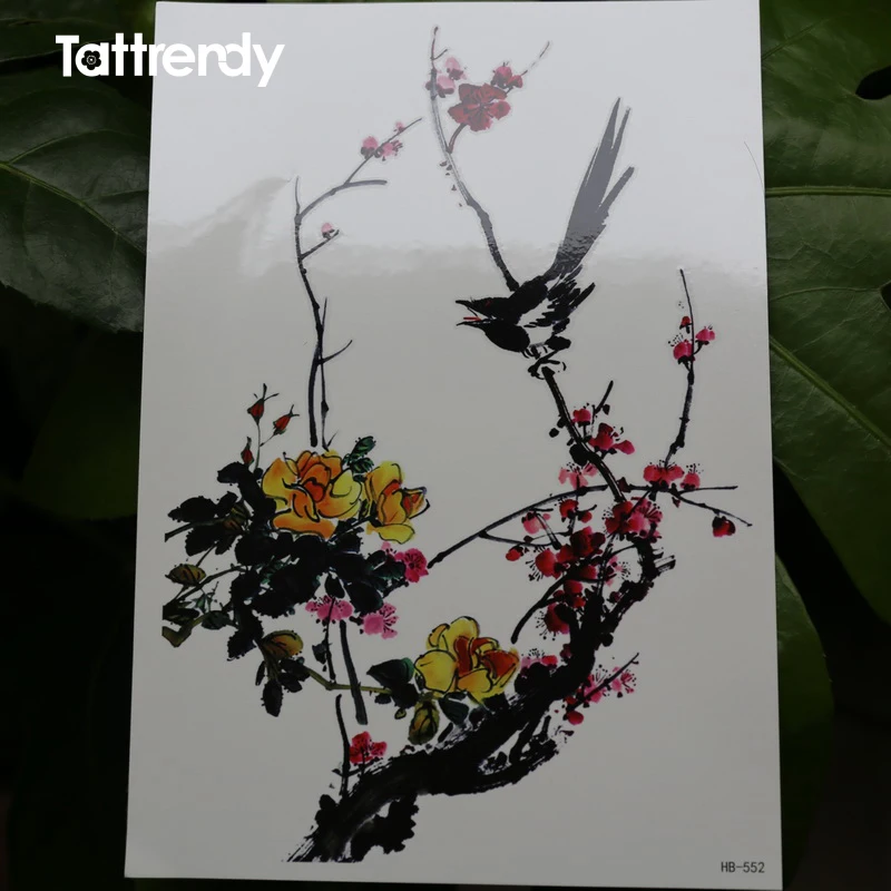 Китайские монохромы Wintersweet Flower Bird Tattoo серии черные чернила и Моющиеся