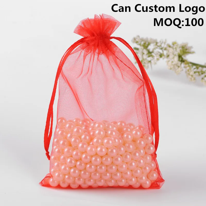 Red Bolsas de regalo, сумки из органзы, 15x20 см, 100 шт, organizador de joyas, свадебные украшения, Подарочная сумка с логотипом на заказ - Цвет: Red