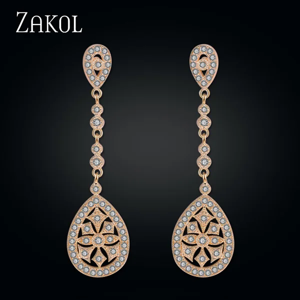 Gold color ZAKOL Винтаж розовое золото цвет висячие серьги кубический циркон для женщин Свадебные украшения для невесты FSEP607 - Окраска металла: Gold color