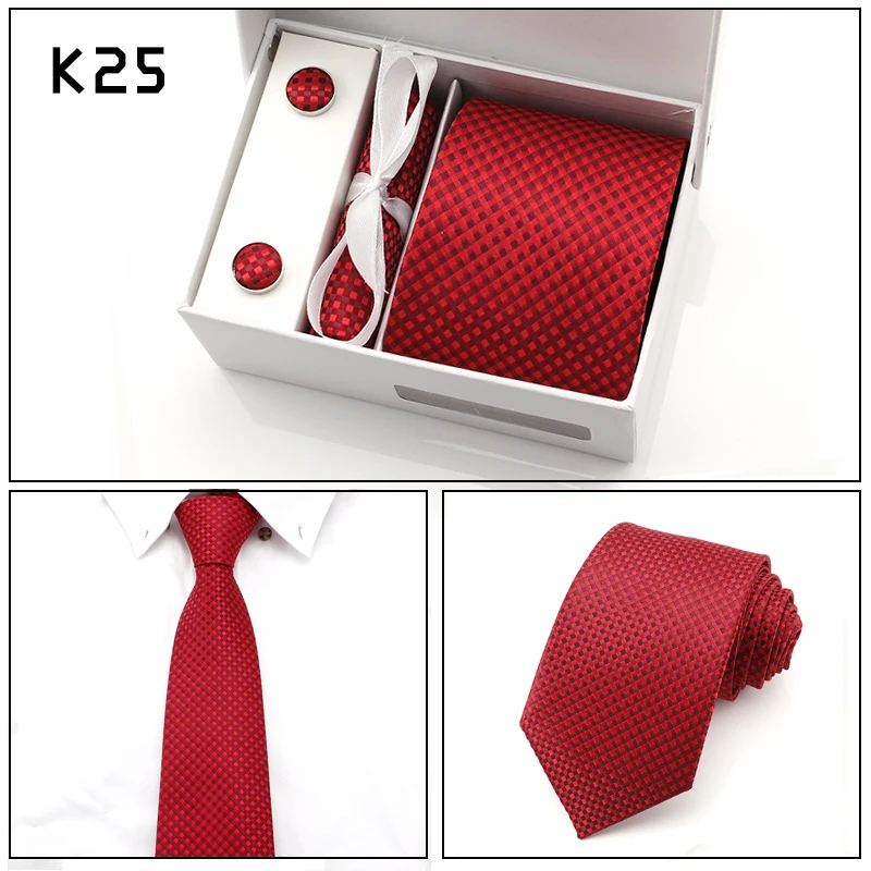 

Fashion New 8cm Men's Classic Checks Jacquard Woven Silk Necktie Set Solid Color Plaid Red Purple Men Tie Designer Brand