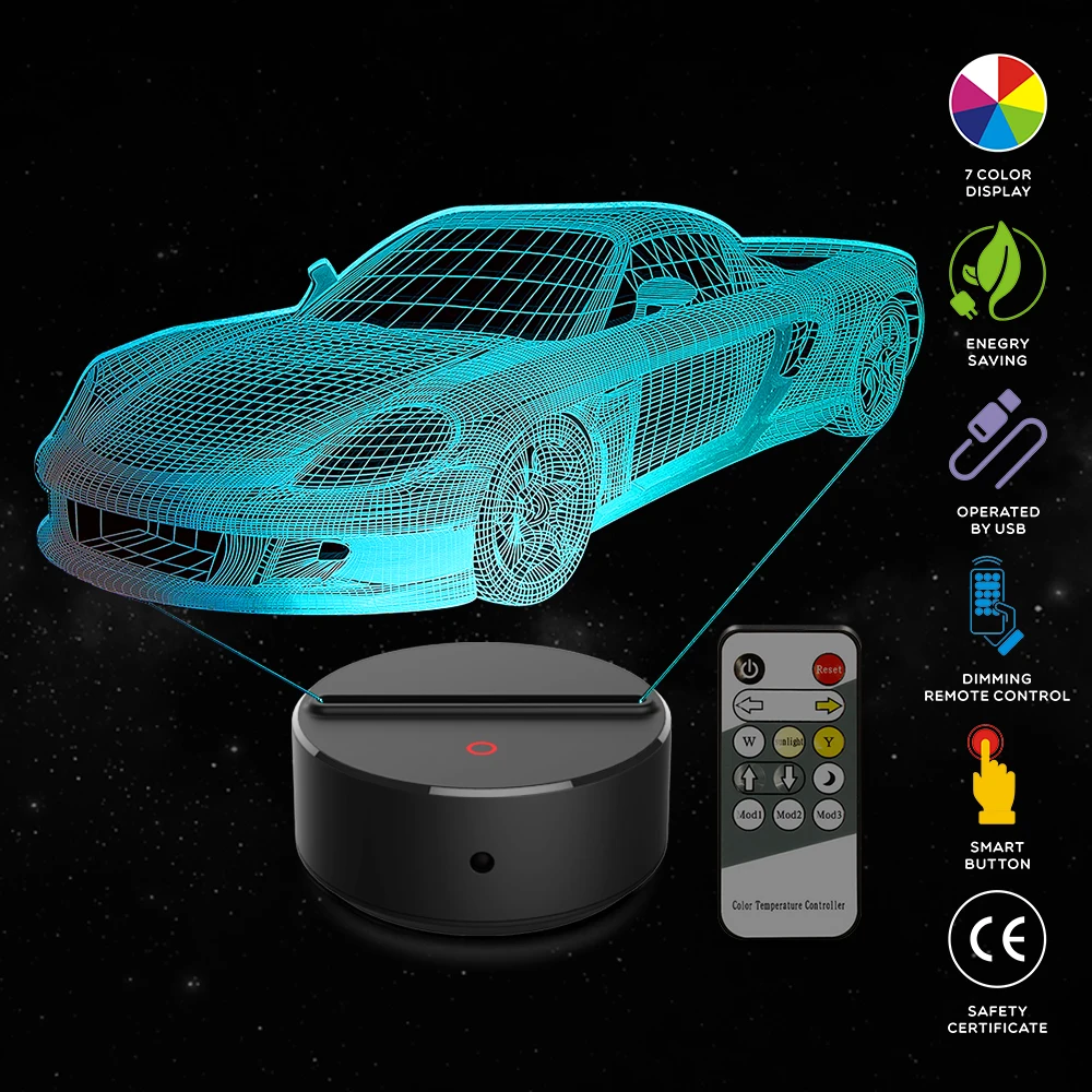 Новый спортивный автомобиль 3D светодиодный ночник 7 цветов USB голограмма