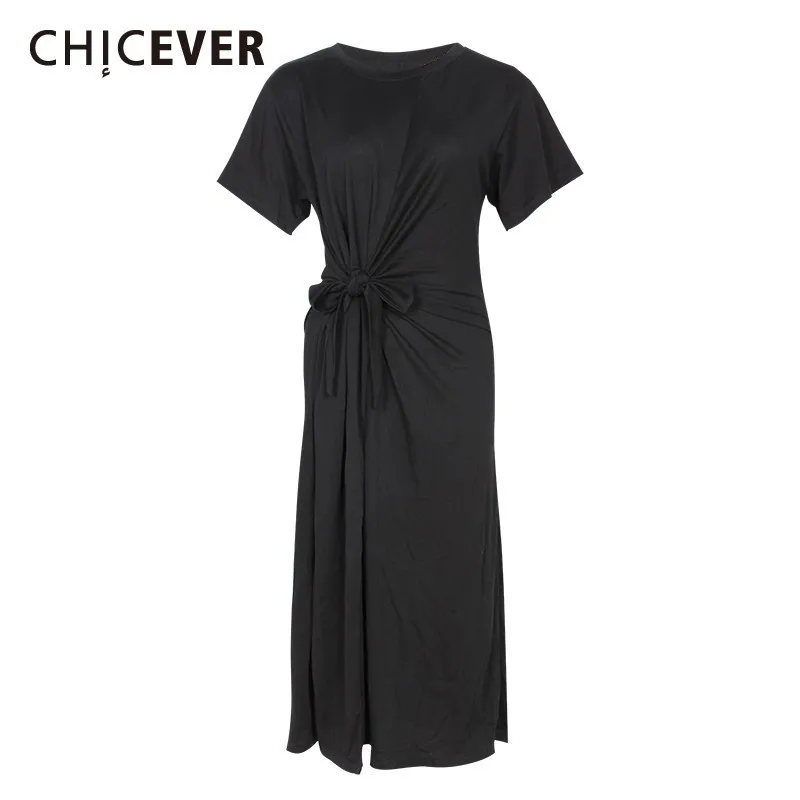 CHICEVER летнее элегантное черное платье для женщин с круглым вырезом и коротким