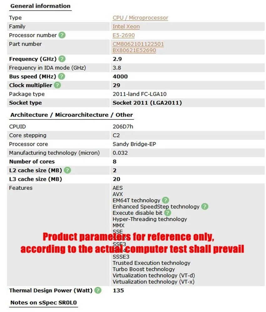 Процессор Intel Xeon E5-2690 Восьмиядерный процессор 2,9G sol0 C2 LGA2011 cpu работает правильно ПК сервер настольный процессор E5 2690