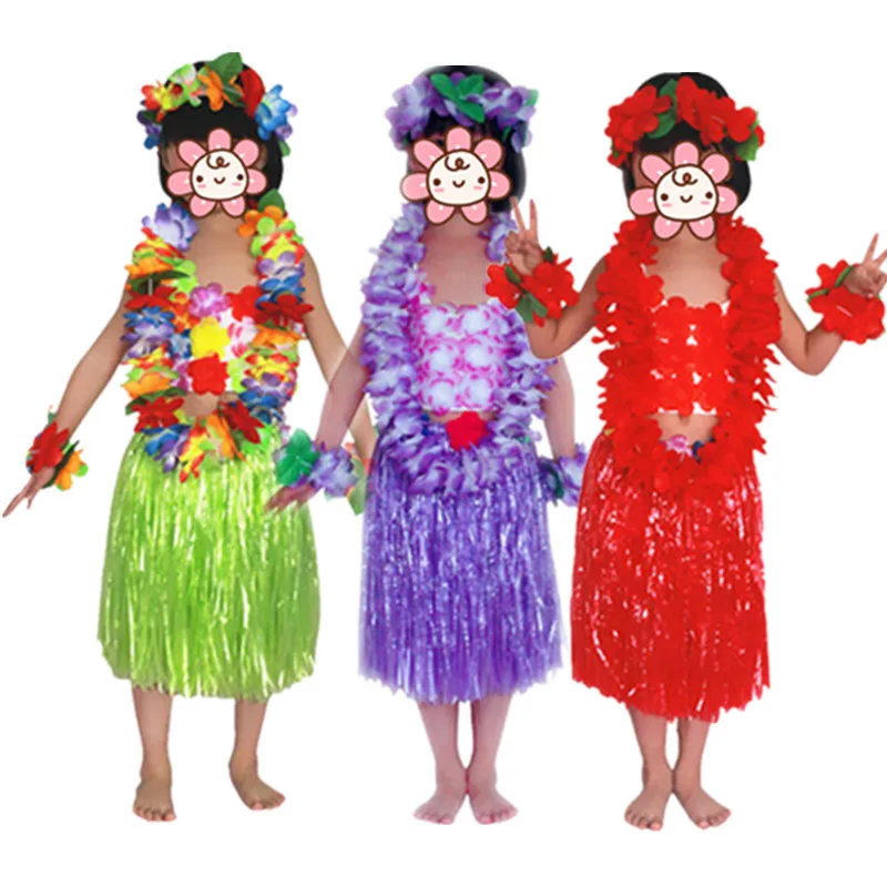 

Hawaiian Flower Lei Headband Hula Garland Wreath Wristbands Grass Skirts Bra Kids Girls Summer Party Dress Costume Set