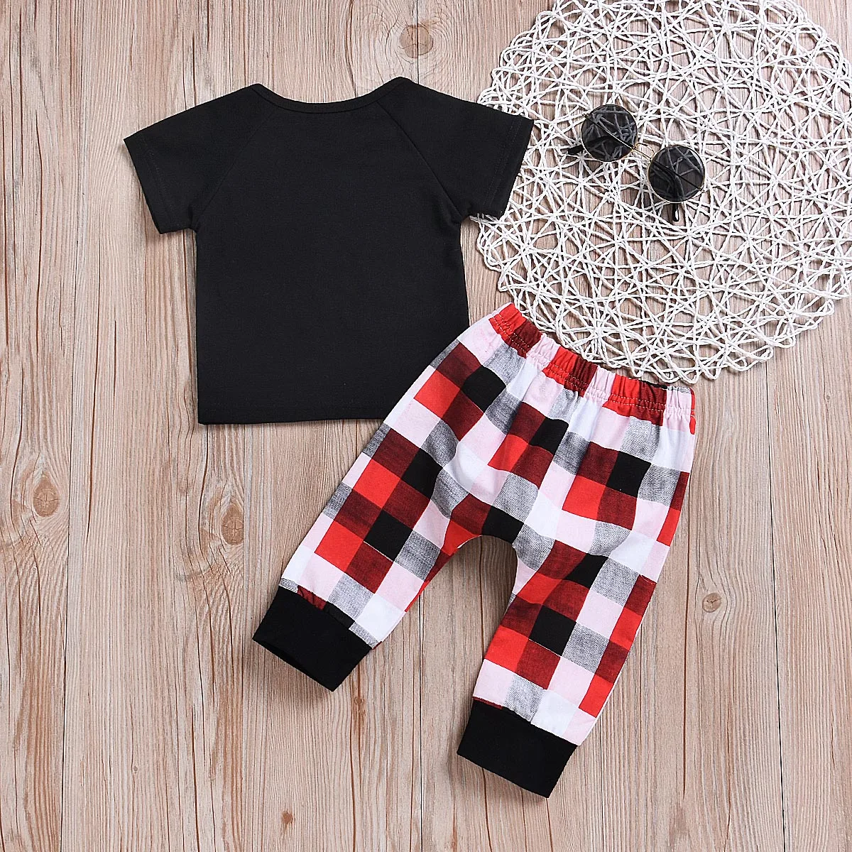New Toddler Kid Baby Boy Clothes Short Sleeve Letter T Shirt Black Tops Long Plaid Pants 2Pcs Summer Set Outfits Clothing 3M-4T |