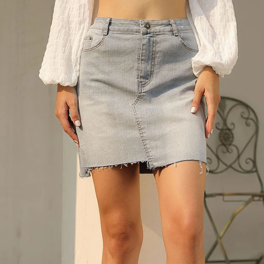 Фото Джинсовая юбка с высокой талией Женская мини-юбка трапециевидной формы женская