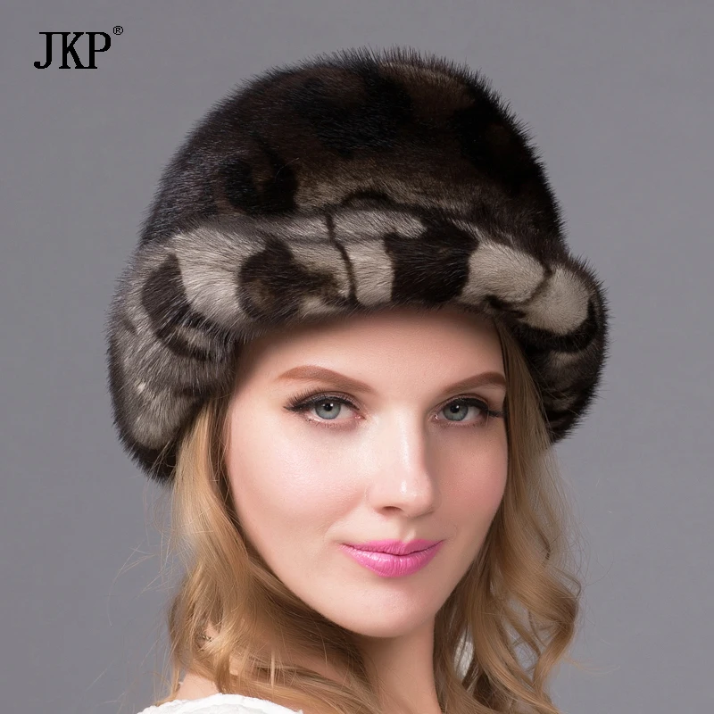 JKP Women's New Autumn and Winter Natural Fur Hat Whole Leather Mink Fur Cap Mask Diamond Accessories Female Models High Quality