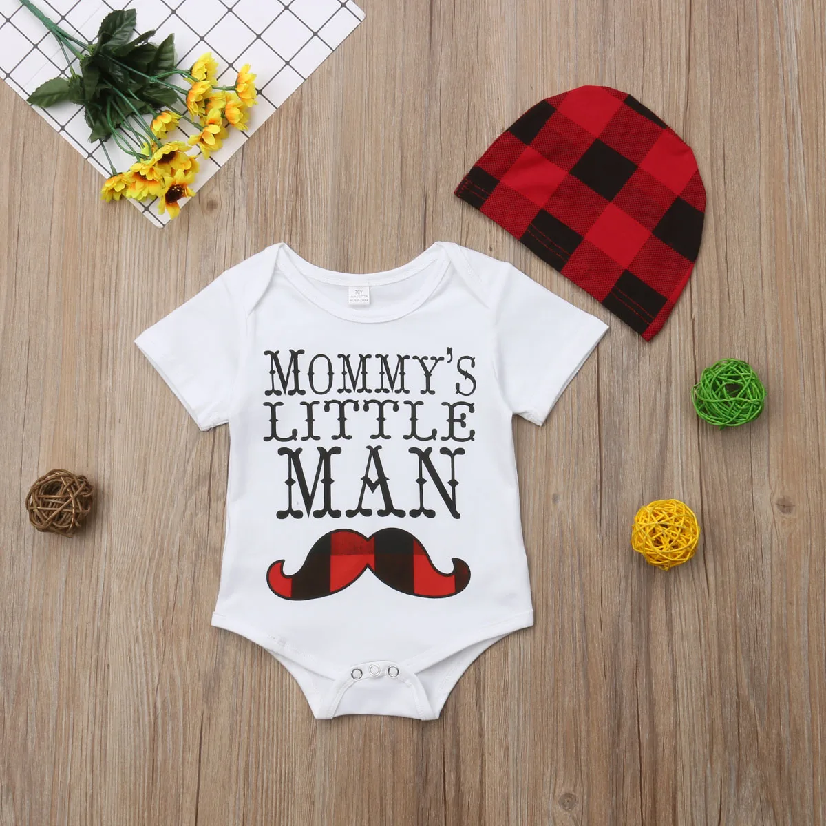 Боди с короткими рукавами для маленьких мальчиков с принтом «Mama's little man», клетчатая шляпа