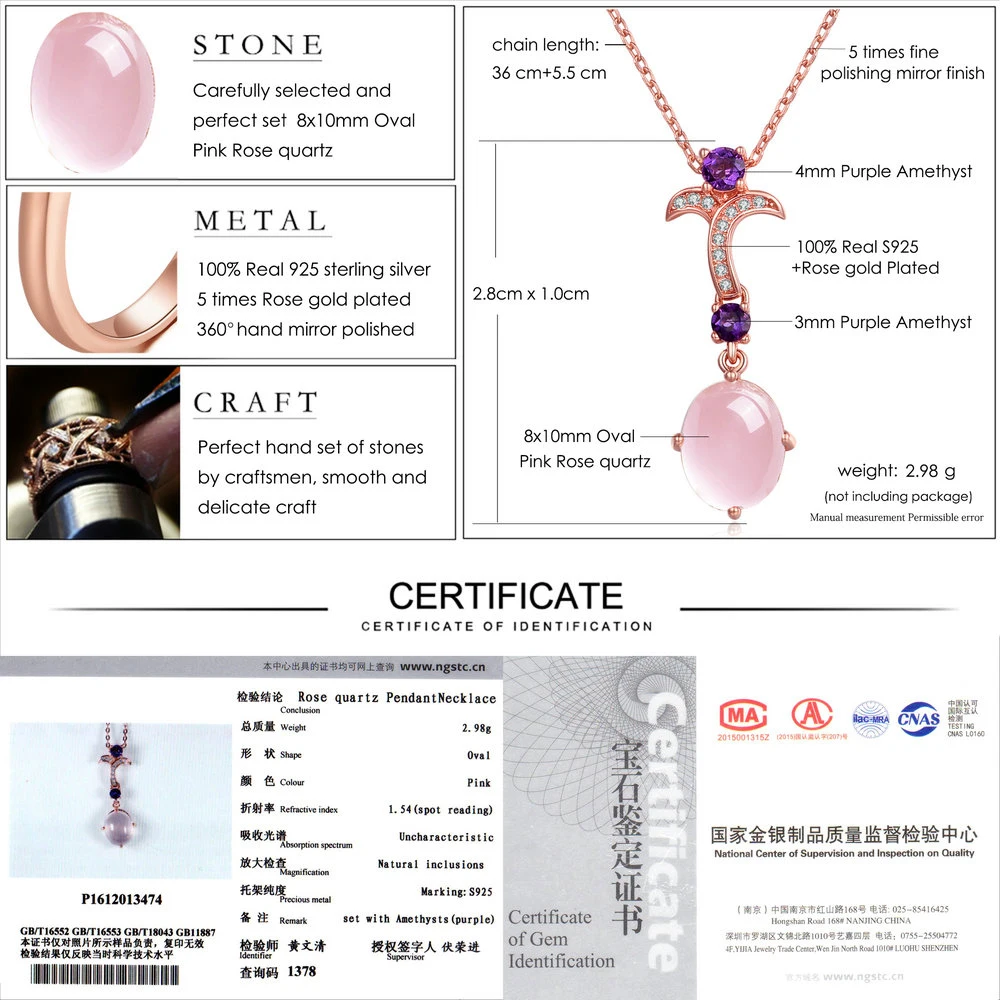 LAMOON- Flower 8X10mm 100% Natural Gemstone Oval Rose Quartz Chain Necklace 925 Sterling Silver Jewelry LMNI013 | Украшения и