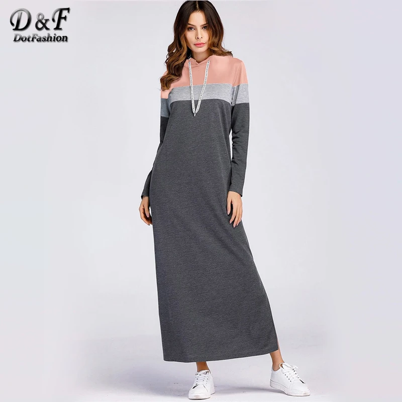 Dotfashion серый цвет-блок сплит боковая Толстовка платье женская одежда осень повседневное с капюшоном длинным рукавом прямое Макси платье