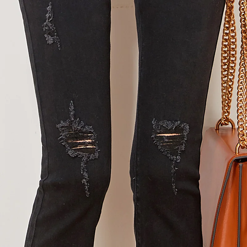 Женские рваные джинсы LEIJIJEANS повседневные узкие черные джинсы-клеш со средней
