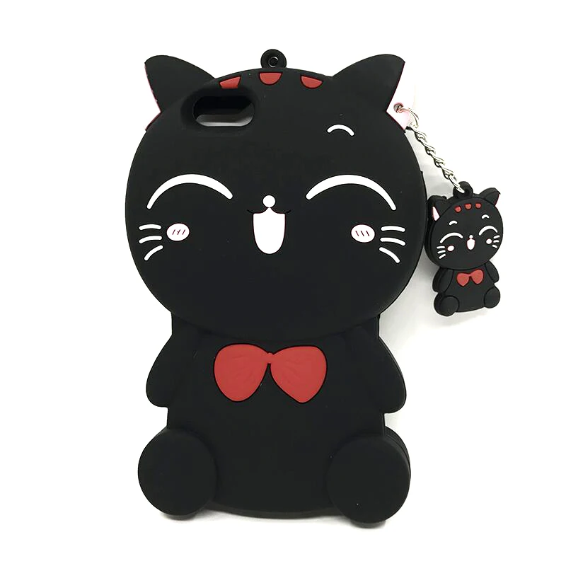 lucky cat black Резиновый чехол с 3D милым стежком единорогом и котом для iPhone 7, 6, 6S Plus, 5S, SE, мягкий силиконовый чехол с мультипликационным принтом для iPhone X, XS, 8, 7, 6 S, чехол - Цвет: lucky cat black