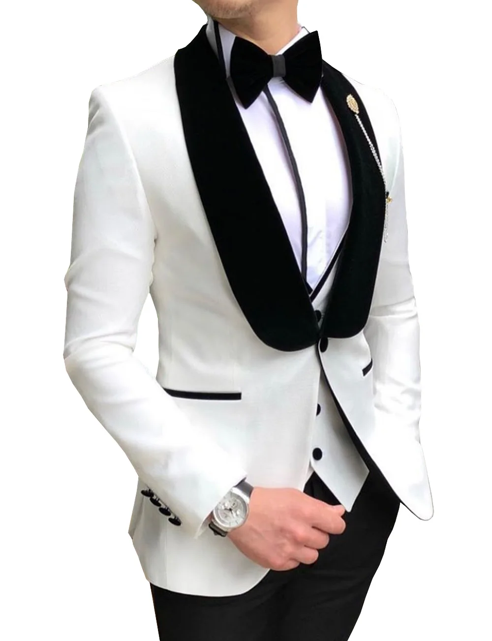 white Мужские белые костюмы Slim Fit 3 шт. деловая куртка смокинг Блейзер джентльмен для свадьбы жених выпускного вечера Вечер(Блейзер+ жилет+ брюки - Цвет: white