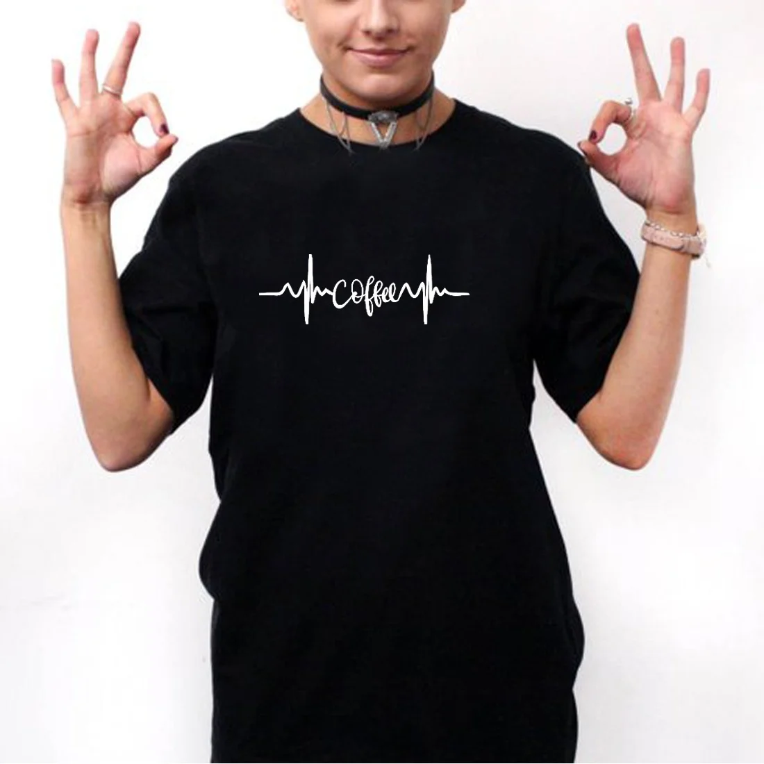 Футболка женская с рисунком сердцебиения и кофе Свободный Топ круглым вырезом