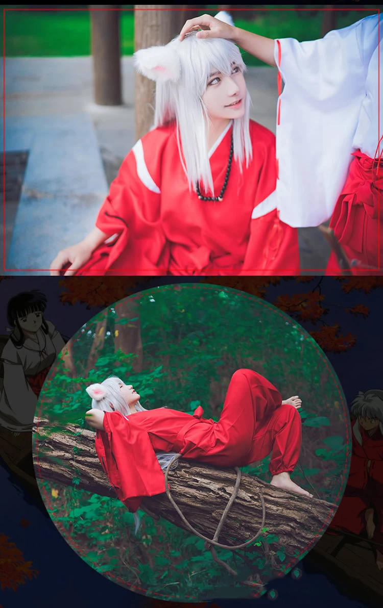 Аниме Inuyasha Косплей костюмы Красный японский кимоно мужской халат костюм W парики уши и ожерелье для Хэллоуина вечерние для мужчин и женщин