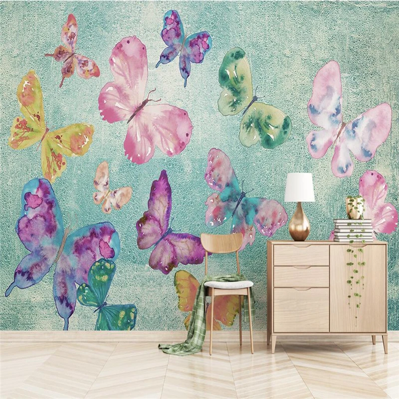 

Custom Wallpaper Butterfly Wall Decor Modern Small Fresh Green Leaf Watercolor Style Elk 3d Wall Panel Thicken TV Background