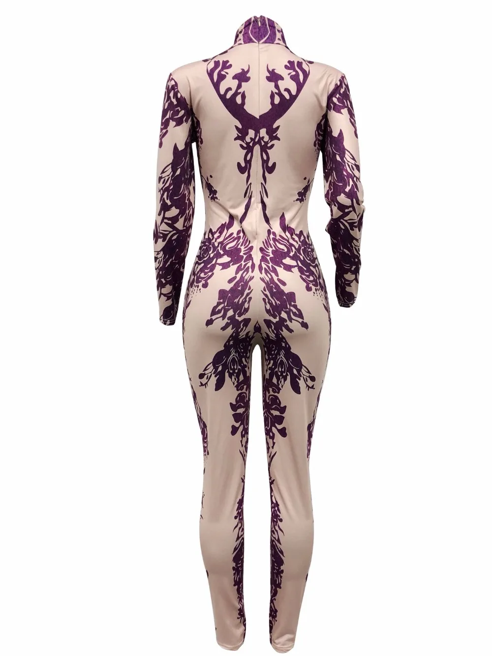 Vintage Turtleneck Full Sleeve One Piece Skinny Bodysuit Sexy Flower Print Back Zipper Long Jumpsuit Women Combinaison Femme |