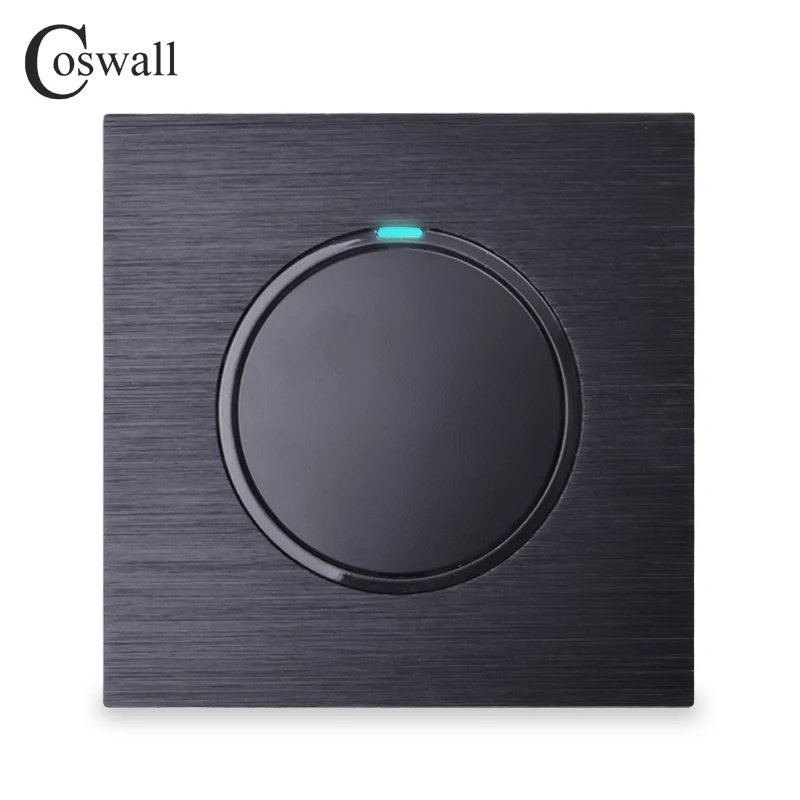 Coswall-interruptor de Luz Aleatório Parede com Indicador Led Gangue Way Ligar Desligar Pass Through Preto Prata Painel de Alumínio