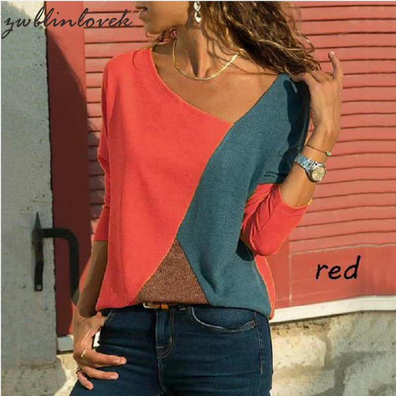 

New Spring Autumn Women Casual Skew Collar Long Sleeve T-Shirts Fashion Patchwork Slim Plus Size 5X Tops Tees 2C0153