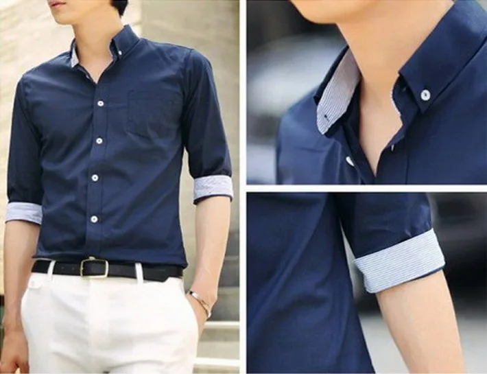 2014 Men Jeans Shirt Slim Brand Fashion Stylish Dress Mens Half Sleeve Shirts Patchwork Gentleman Cardigans 3Colors AX7 | Мужская одежда
