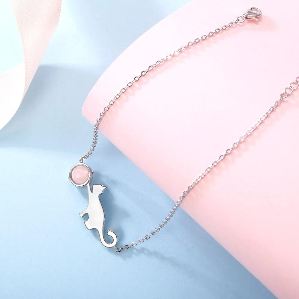 SILVERCUTE натуральный розовый кристалл браслет на лодыжку ножной браслет с котом для женщин Настоящее серебро 925 проба Boho летние ювелирные изделия SCA6446B